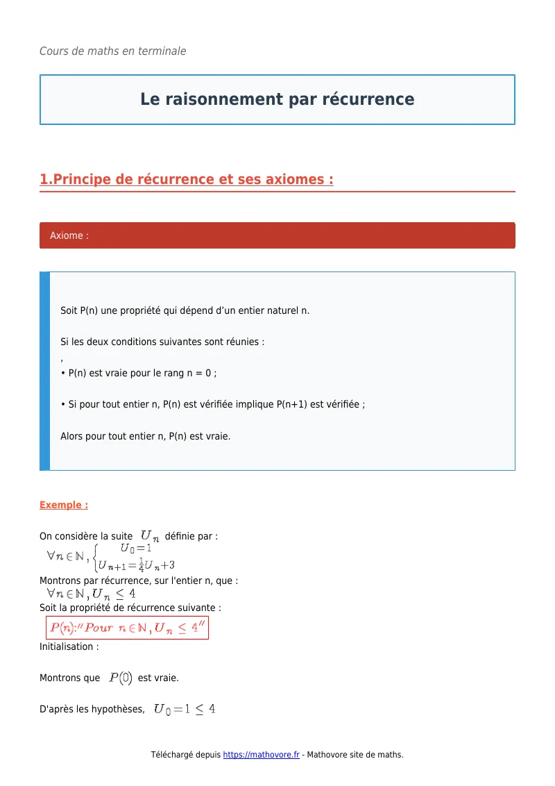 Cours de maths en terminale : Le raisonnement par récurrence à télécharger en PDF