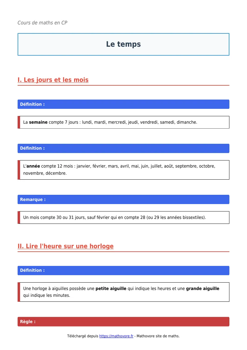 Cours de maths en CP : Le temps à télécharger en PDF