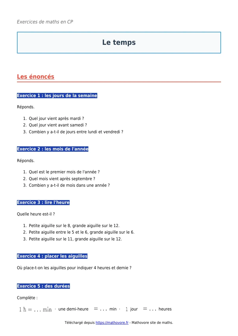 Exercices corrigés de maths en CP : Le temps à imprimer en PDF