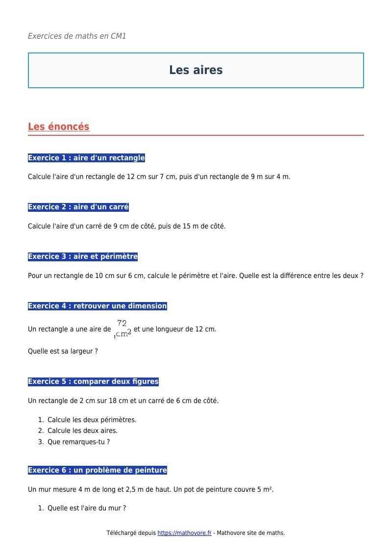 Exercices corrigés de maths en CM1 : Les aires à imprimer en PDF