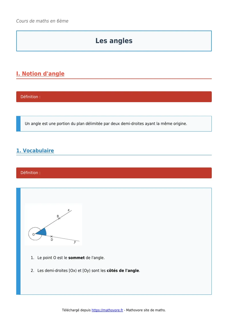 Cours de maths en 6ème : Les angles à télécharger en PDF