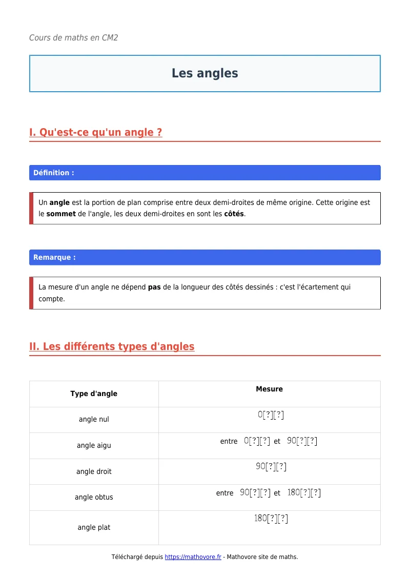 Cours de maths en CM2 : Les angles à télécharger en PDF