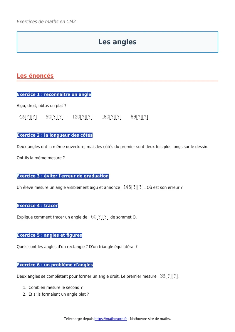 Exercices corrigés de maths en CM2 : Les angles à imprimer en PDF
