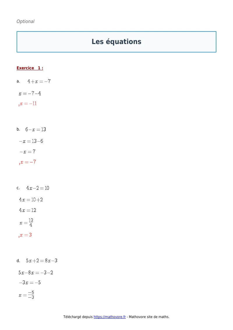 Exercices corrigés de maths en 4ème : Les équations à imprimer en PDF