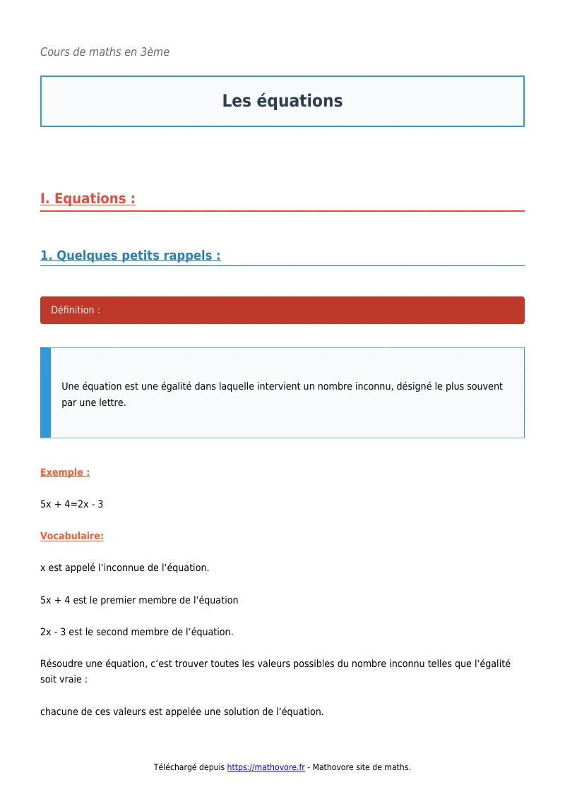 Cours de maths en 3ème : Les équations à télécharger en PDF