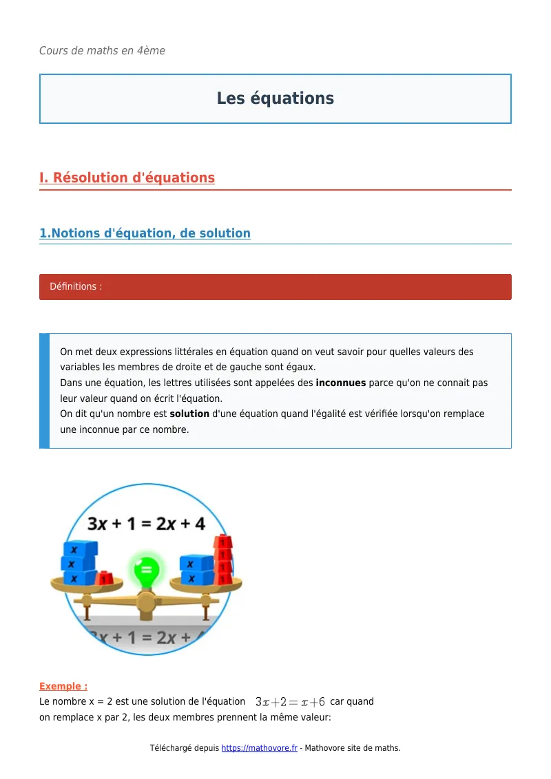 Cours de maths en 4ème : Les équations à télécharger en PDF