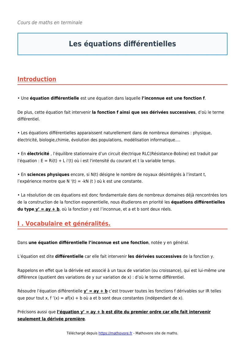 Cours de maths en terminale : Les équations différentielles à télécharger en PDF