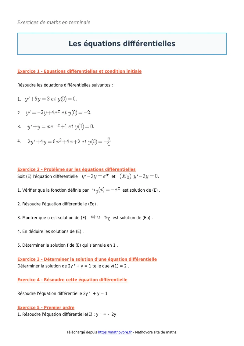 Exercices corrigés de maths en terminale : Les équations différentielles à imprimer en PDF