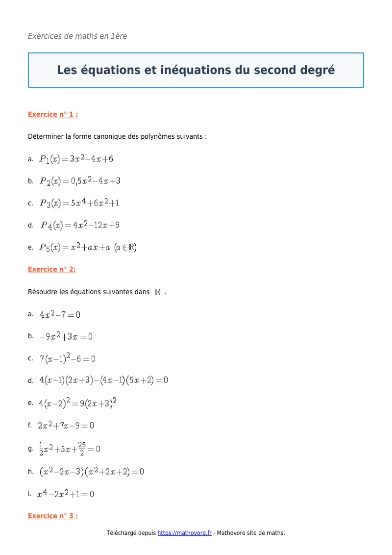Exercices corrigés de maths en première : Les équations et inéquations du second degré à imprimer en PDF