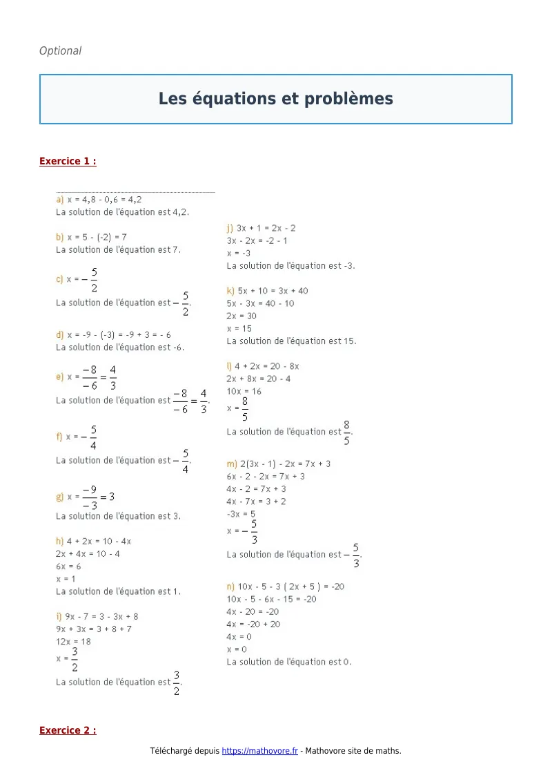 Exercices corrigés de maths en 3ème : Les équations et problèmes à imprimer en PDF
