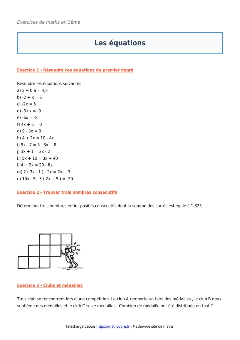 Exercices corrigés de maths en 3ème : Les équations à imprimer en PDF