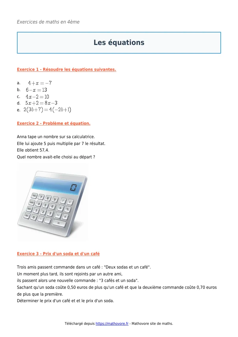 Exercices corrigés de maths en 4ème : Les équations à imprimer en PDF