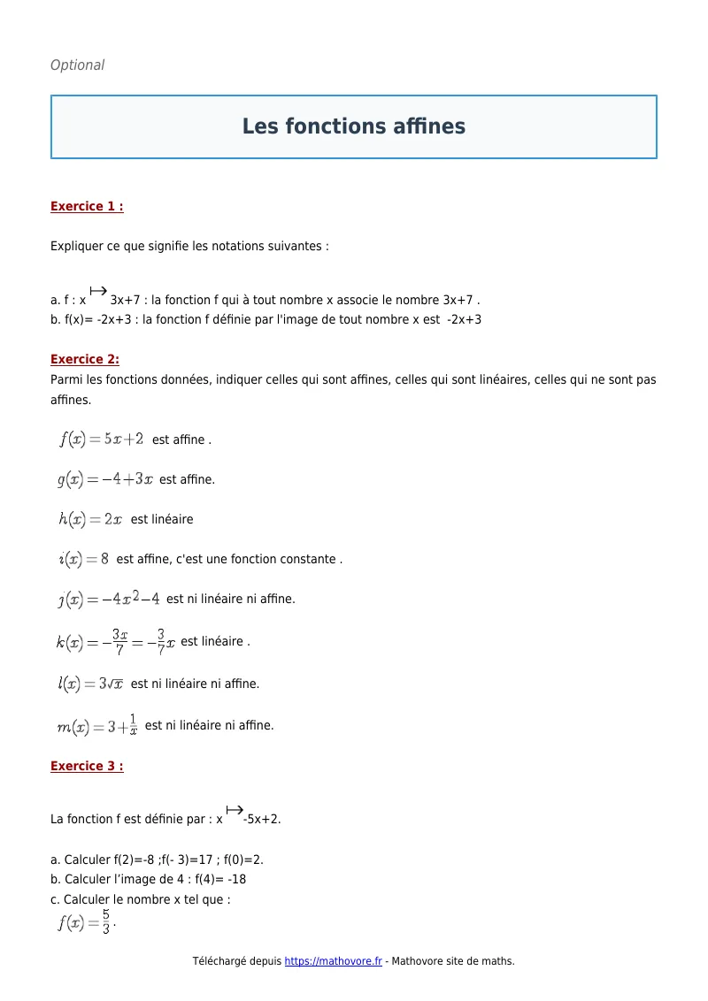 Exercices corrigés de maths en 3ème : Les fonctions affines à imprimer en PDF
