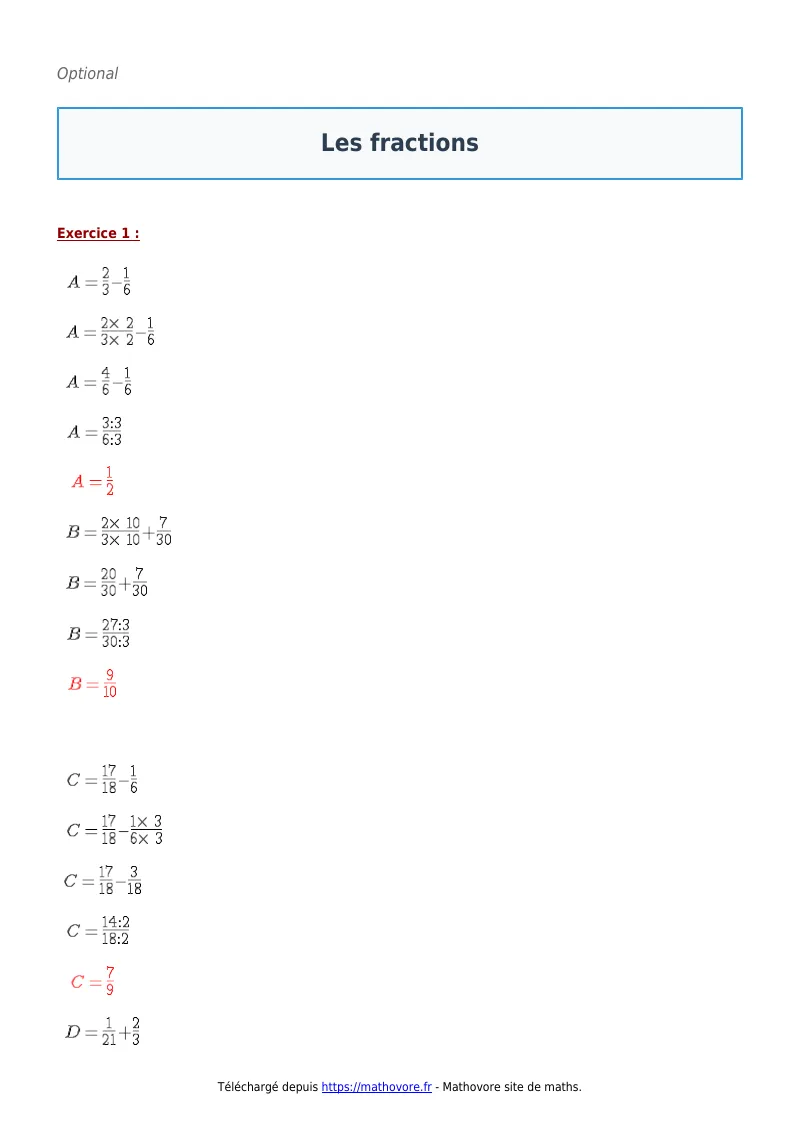 Exercices corrigés de maths en 5ème : Les fractions à imprimer en PDF