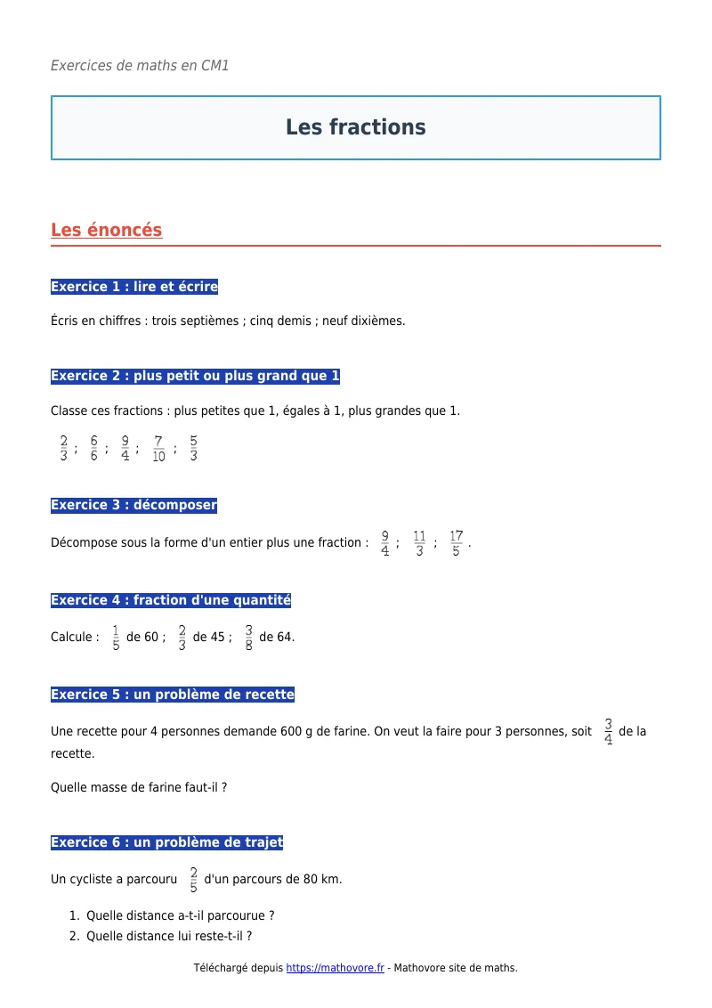 Exercices corrigés de maths en CM1 : Les fractions à imprimer en PDF