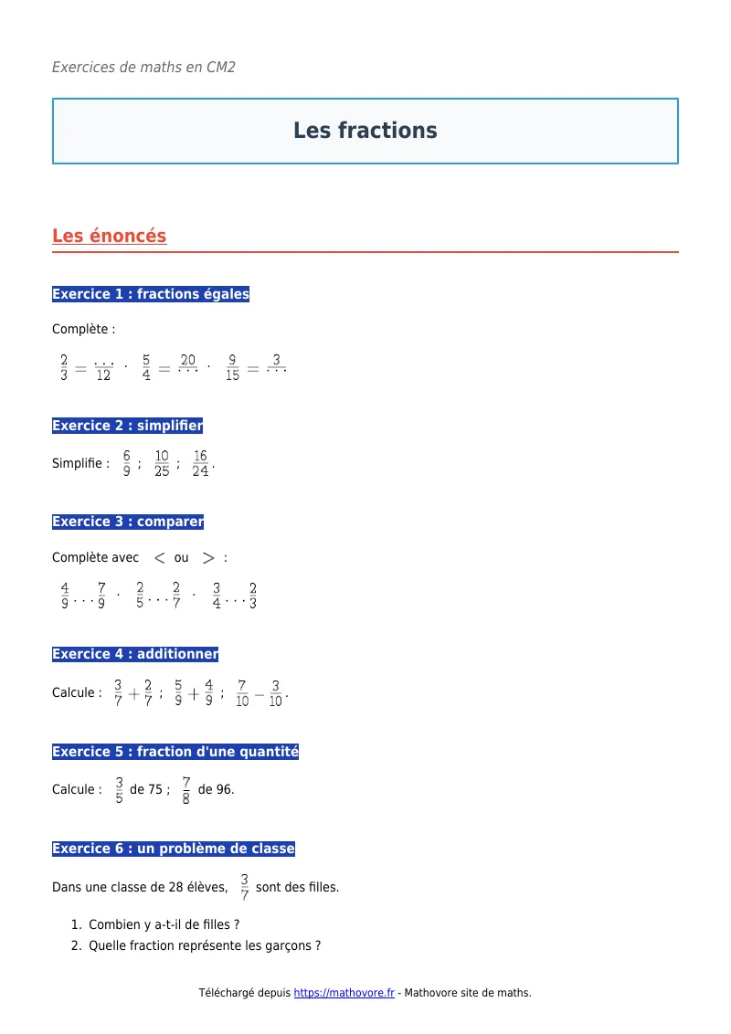 Exercices corrigés de maths en CM2 : Les fractions à imprimer en PDF