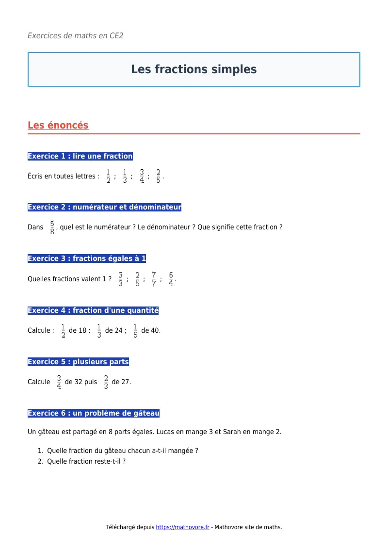 Exercices corrigés de maths en CE2 : Les fractions simples à imprimer en PDF