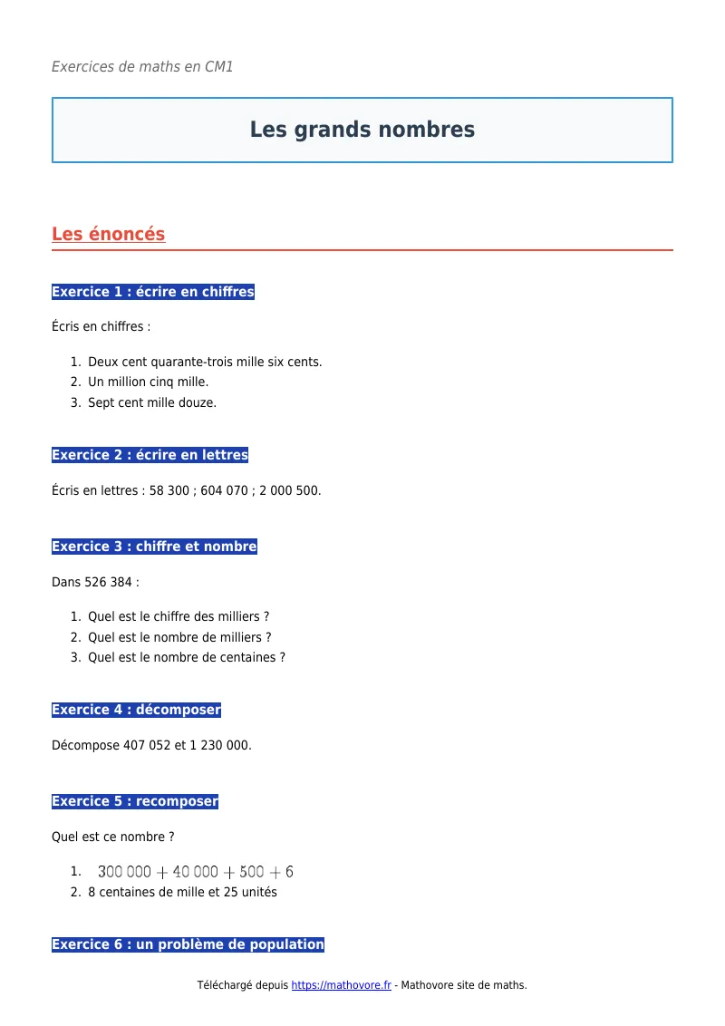 Exercices corrigés de maths en CM1 : Les grands nombres à imprimer en PDF