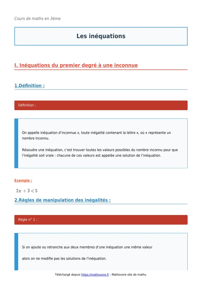 Cours de maths en 3ème : Les inéquations à télécharger en PDF
