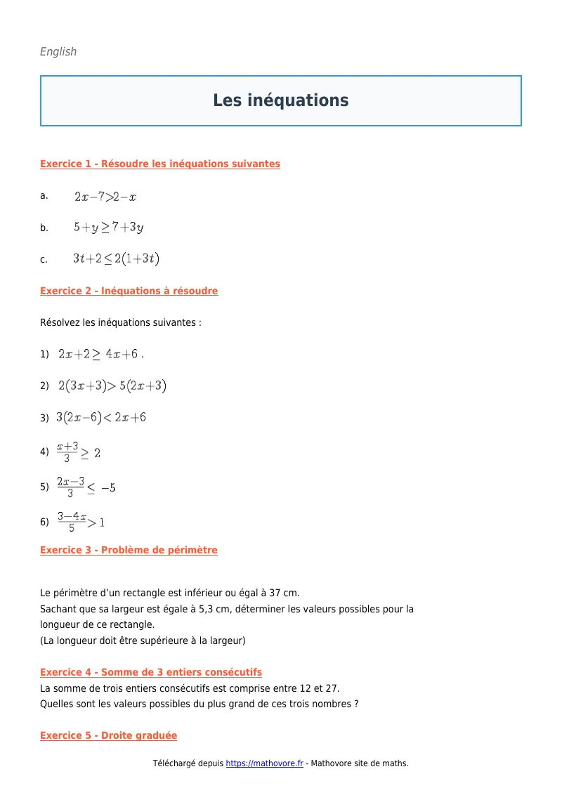 Exercices corrigés de maths en seconde : Les inéquations à imprimer en PDF