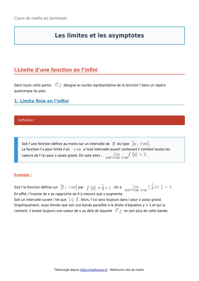 Cours de maths en terminale : Les limites et les asymptotes à télécharger en PDF