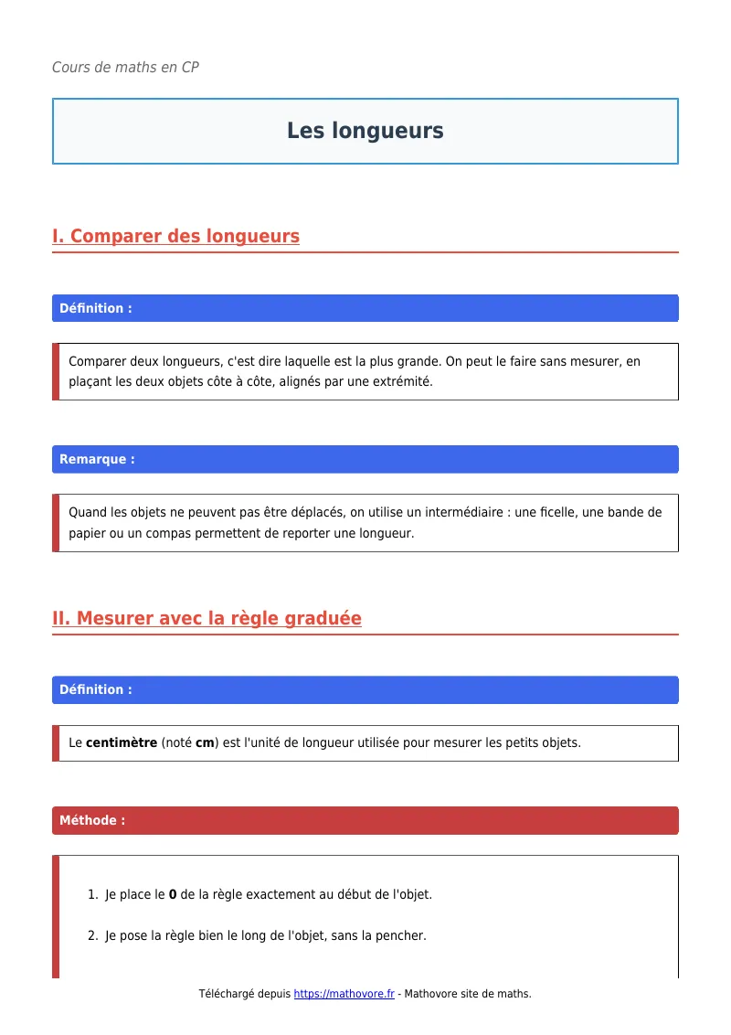 Cours de maths en CP : Les longueurs à télécharger en PDF