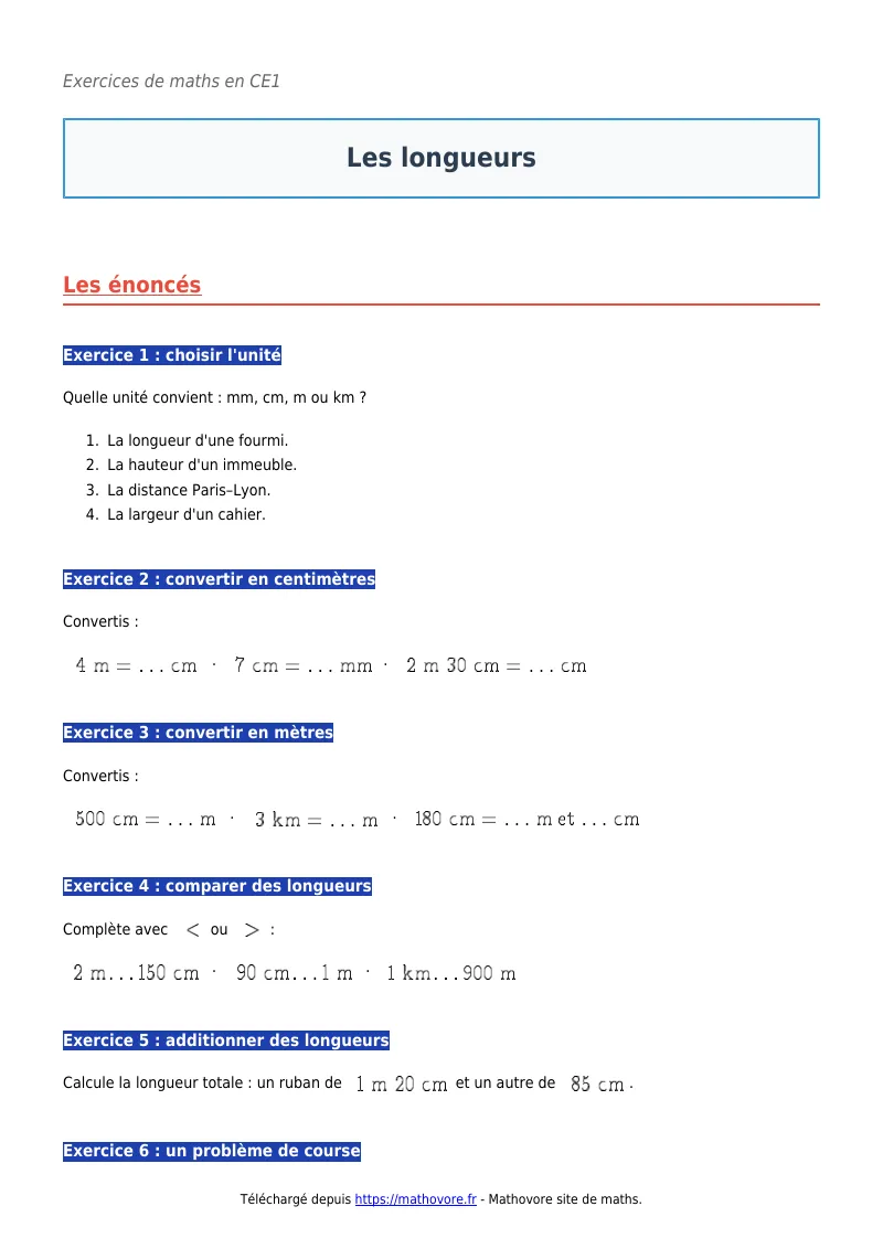Exercices corrigés de maths en CE1 : Les longueurs à imprimer en PDF