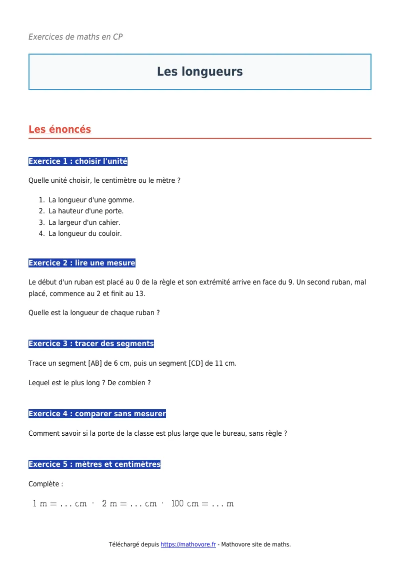 Exercices corrigés de maths en CP : Les longueurs à imprimer en PDF
