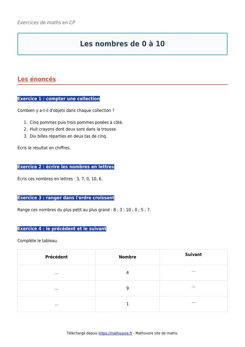 Exercices corrigés de maths en CP : Les nombres de 0 à 10 à imprimer en PDF