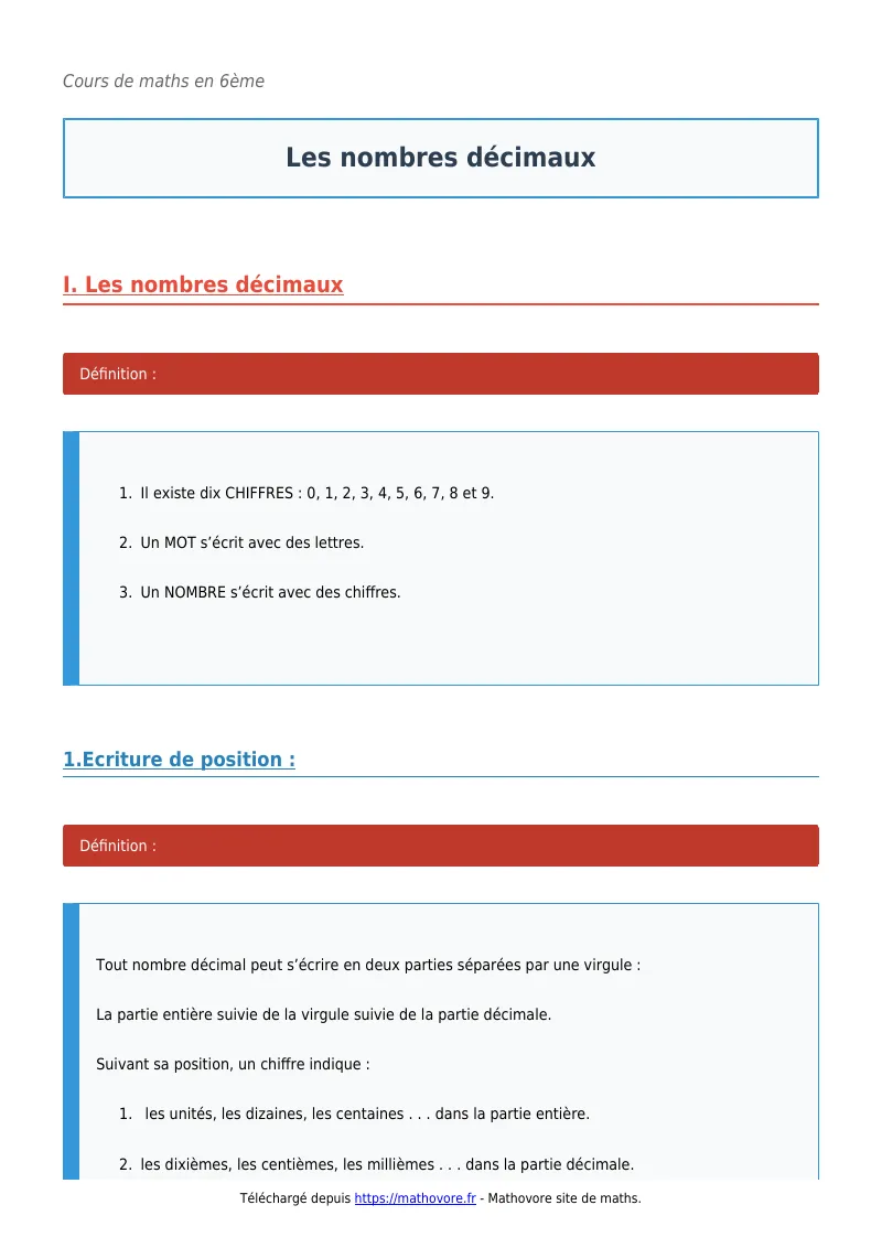Cours de maths en 6ème : Les nombres décimaux à télécharger en PDF