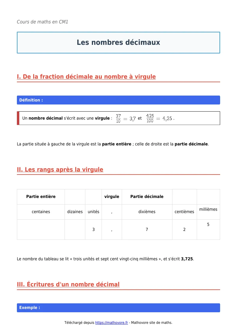 Cours de maths en CM1 : Les nombres décimaux à télécharger en PDF