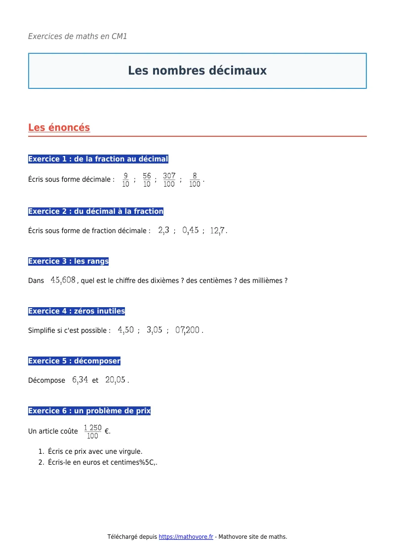 Exercices corrigés de maths en CM1 : Les nombres décimaux à imprimer en PDF
