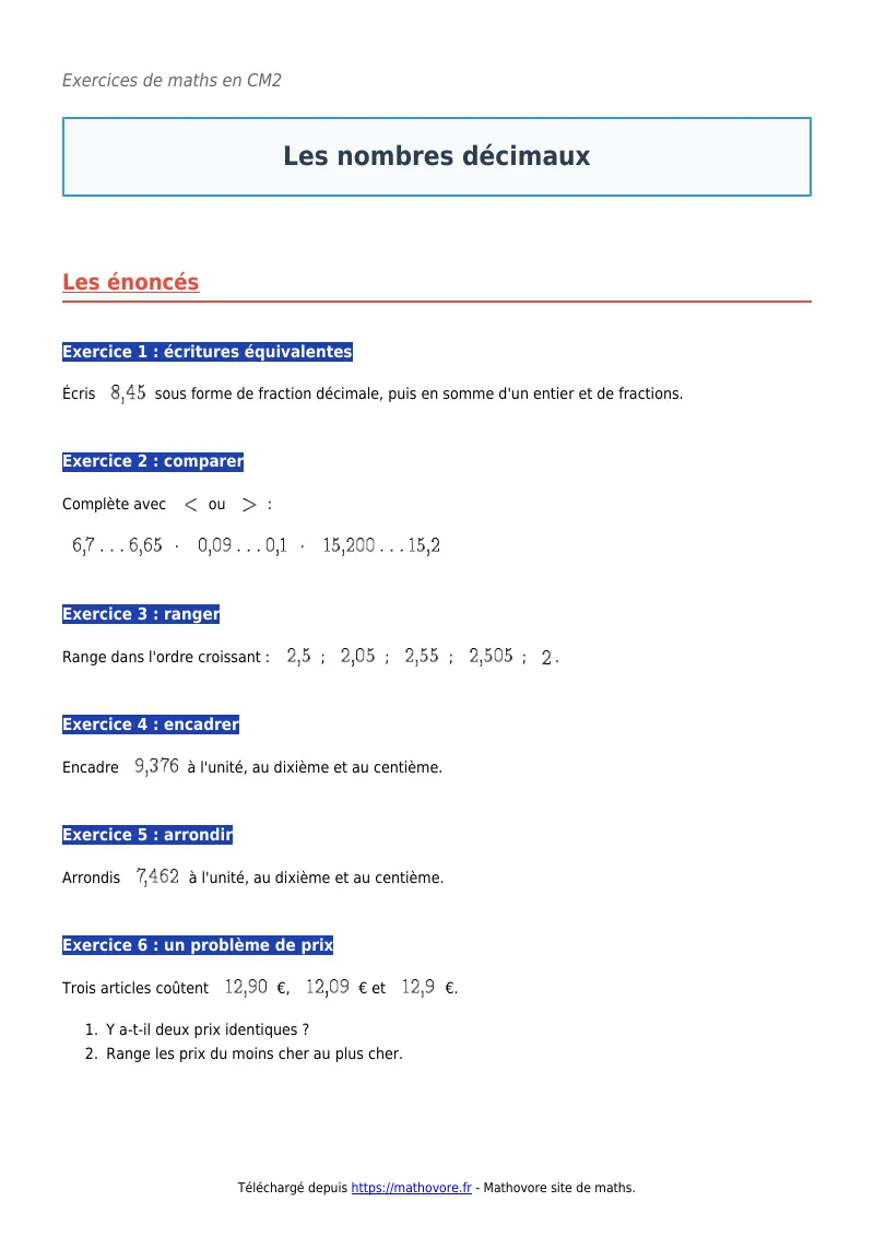 Exercices corrigés de maths en CM2 : Les nombres décimaux à imprimer en PDF