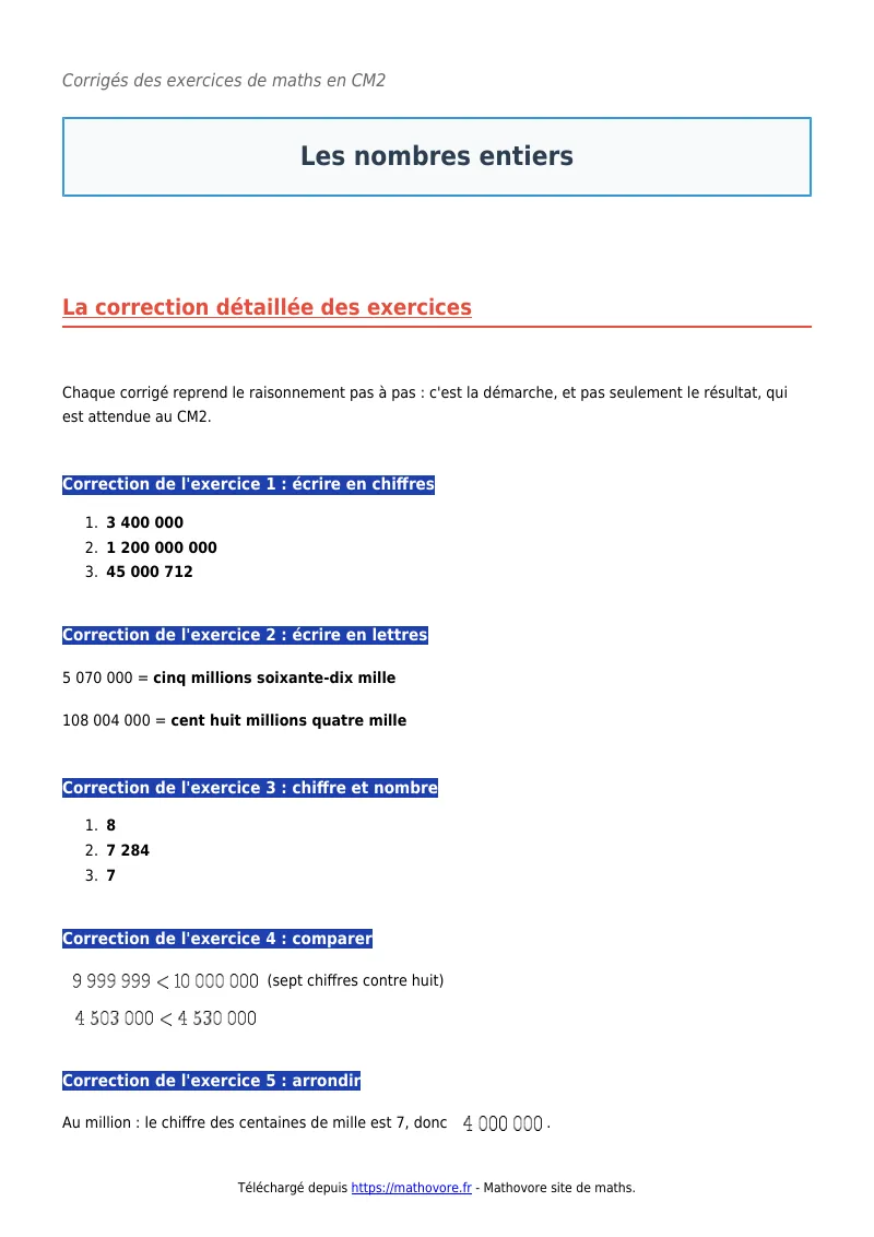 Exercices corrigés de maths en CM2 : Les nombres entiers à imprimer en PDF