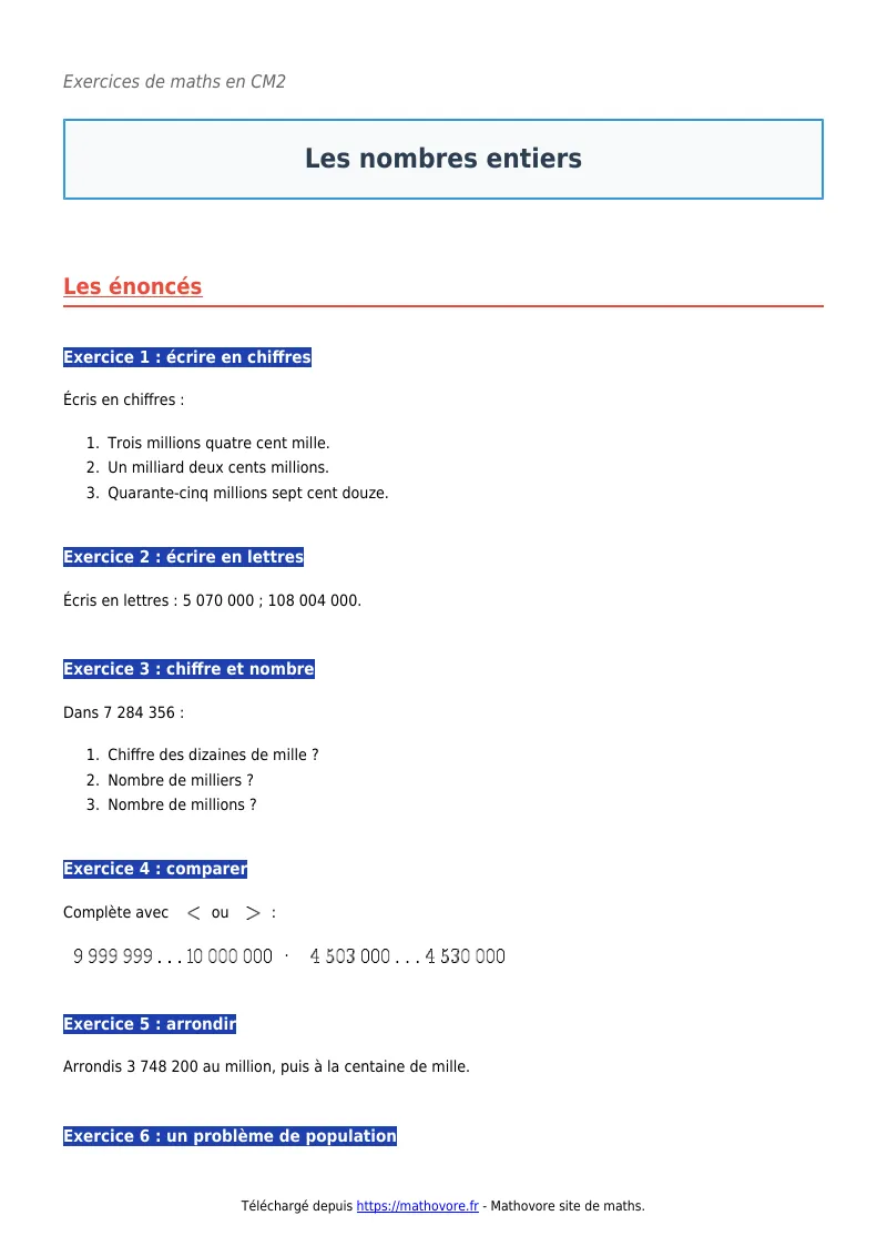 Exercices corrigés de maths en CM2 : Les nombres entiers à imprimer en PDF