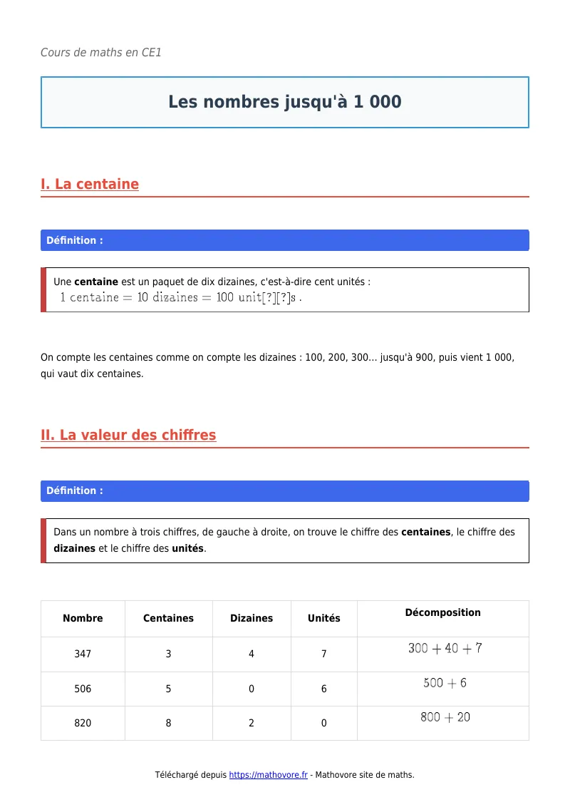 Cours de maths en CE1 : Les nombres jusqu’à 1 000 à télécharger en PDF