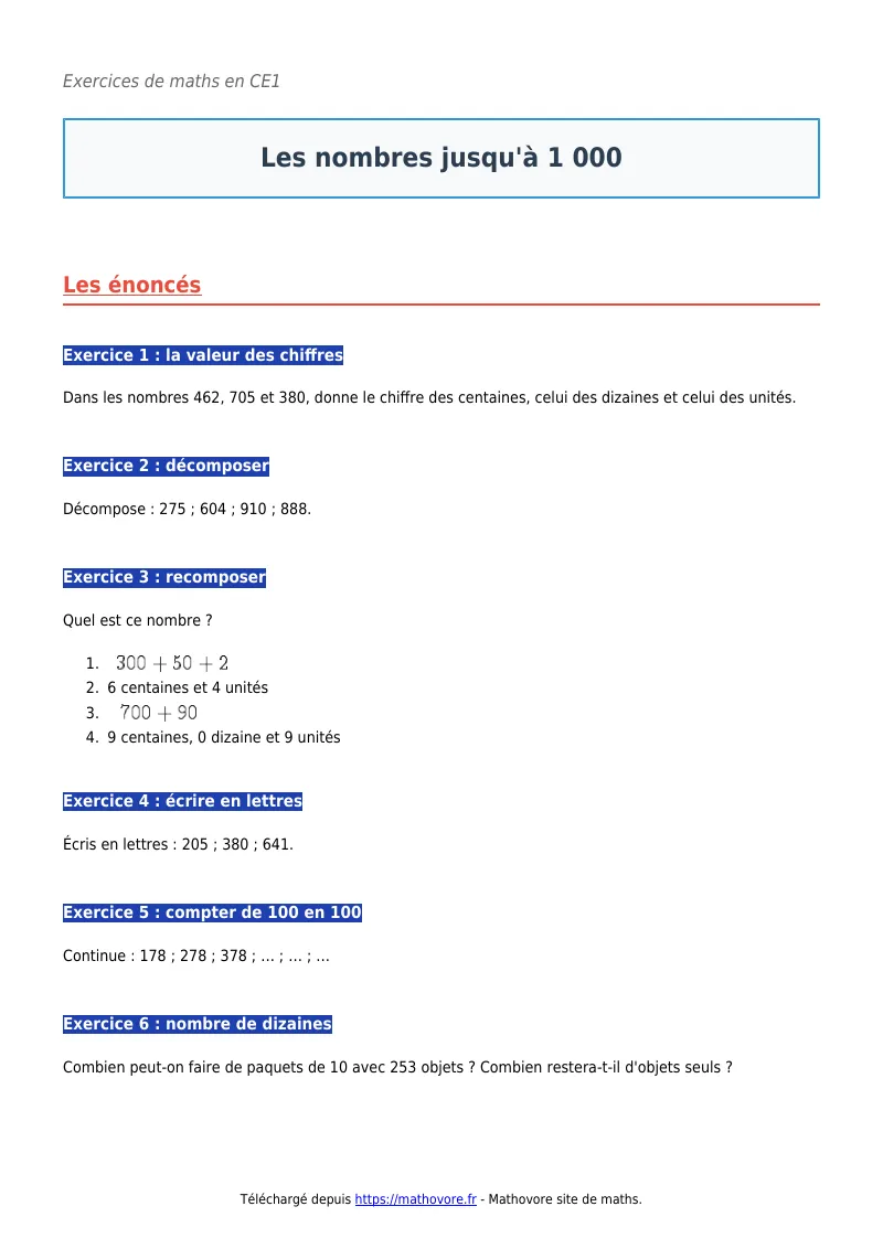 Exercices corrigés de maths en CE1 : Les nombres jusqu’à 1 000 à imprimer en PDF
