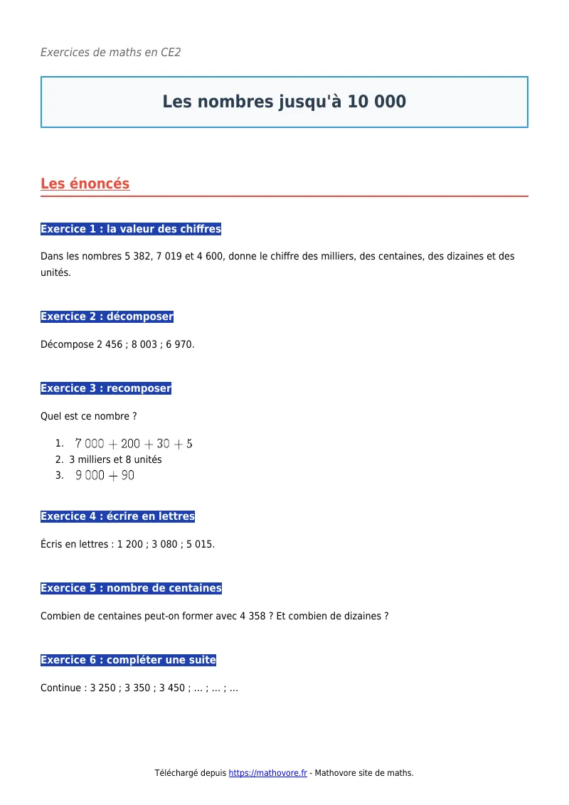 Exercices corrigés de maths en CE2 : Les nombres jusqu’à 10 000 à imprimer en PDF