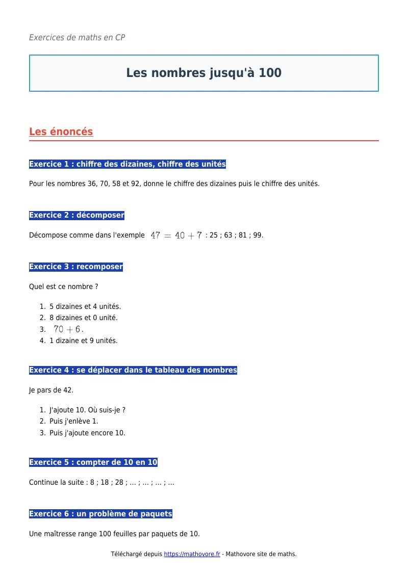 Exercices corrigés de maths en CP : Les nombres jusqu’à 100 à imprimer en PDF