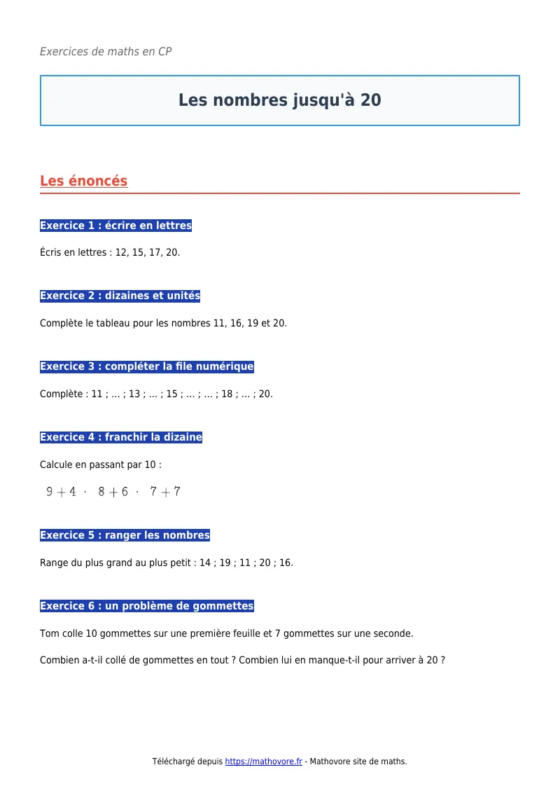 Exercices corrigés de maths en CP : Les nombres jusqu’à 20 à imprimer en PDF