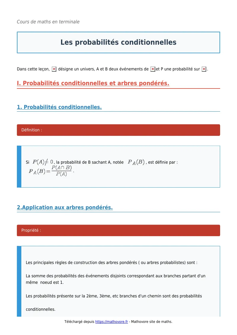 Cours de maths en terminale : Les probabilités conditionnelles à télécharger en PDF
