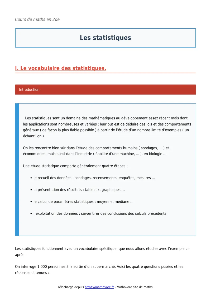Cours de maths en seconde : Les statistiques à télécharger en PDF