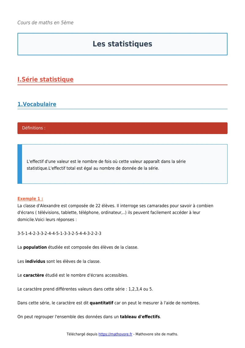Cours de maths en 5ème : Les statistiques à télécharger en PDF