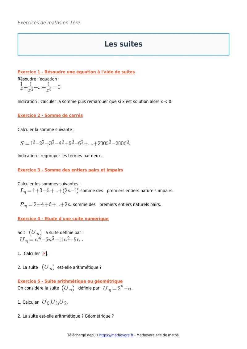Exercices corrigés de maths en première : Les suites à imprimer en PDF