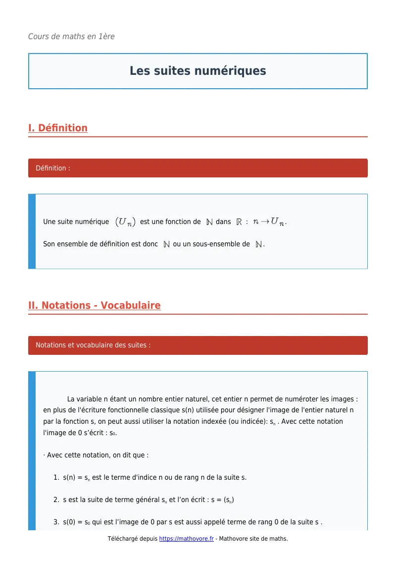 Cours de maths en première : Les suites numériques à télécharger en PDF