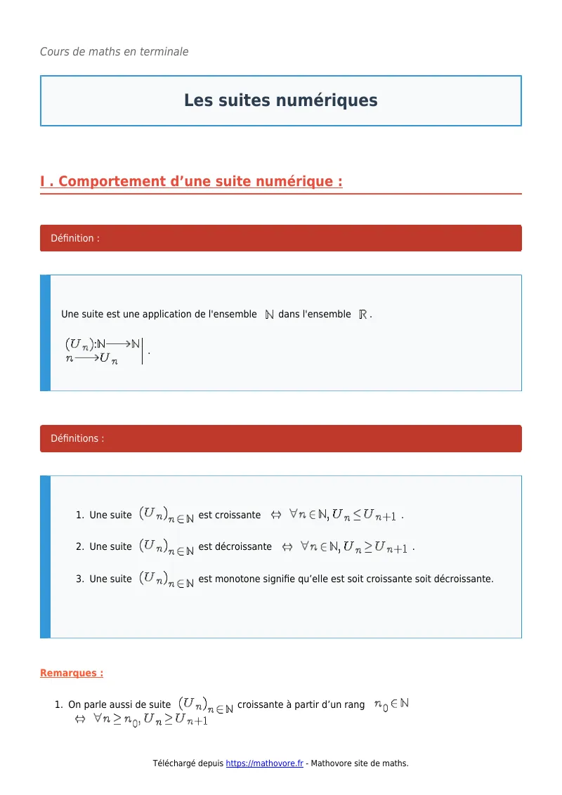 Cours de maths en terminale : Les suites numériques à télécharger en PDF