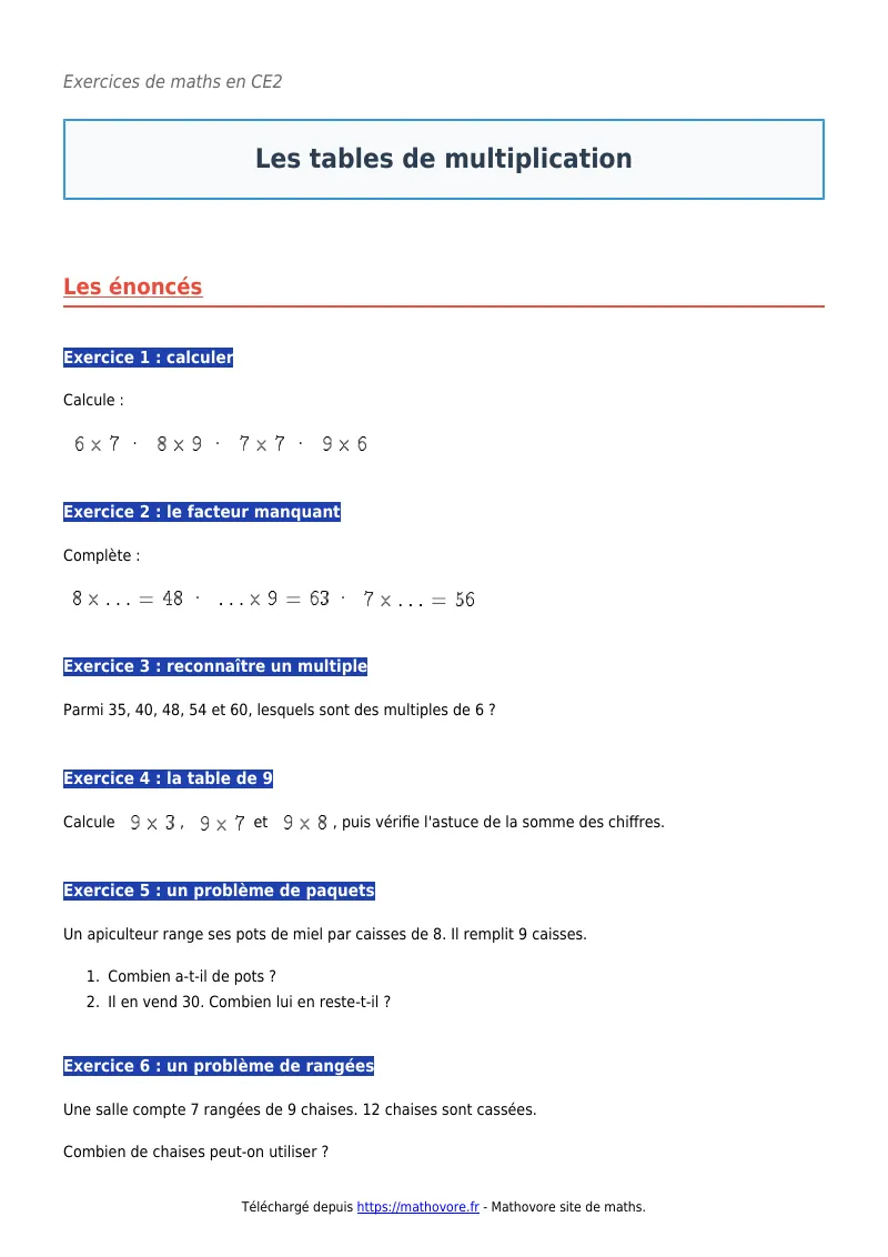 Exercices corrigés de maths en CE2 : Les tables de multiplication à imprimer en PDF