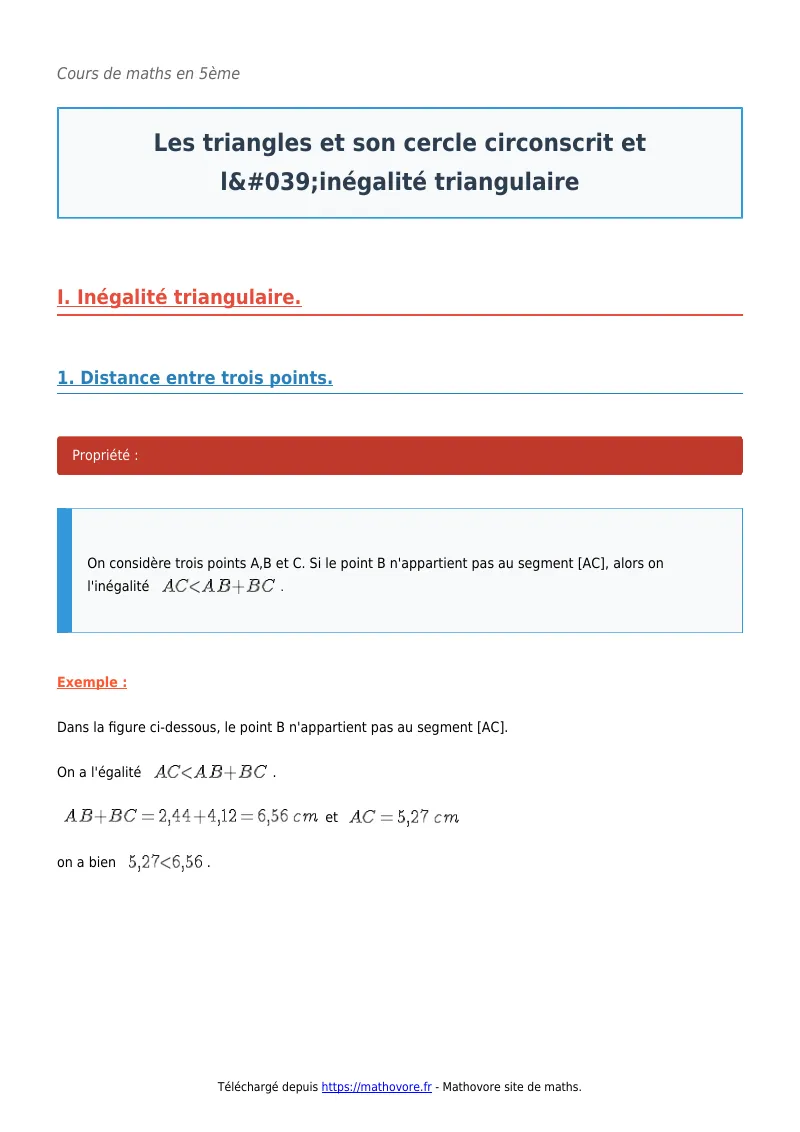 Cours de maths en 5ème : Les triangles et son cercle circonscrit et l’inégalité triangulaire à télécharger en PDF