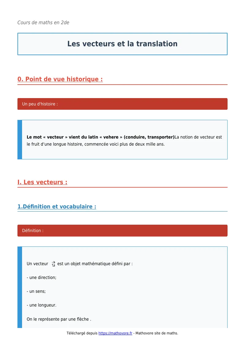 Cours de maths en seconde : Les vecteurs et la translation à télécharger en PDF