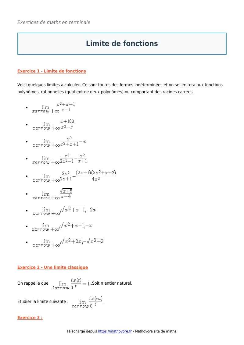 Exercices corrigés de maths en terminale : Limite de fonctions à imprimer en PDF
